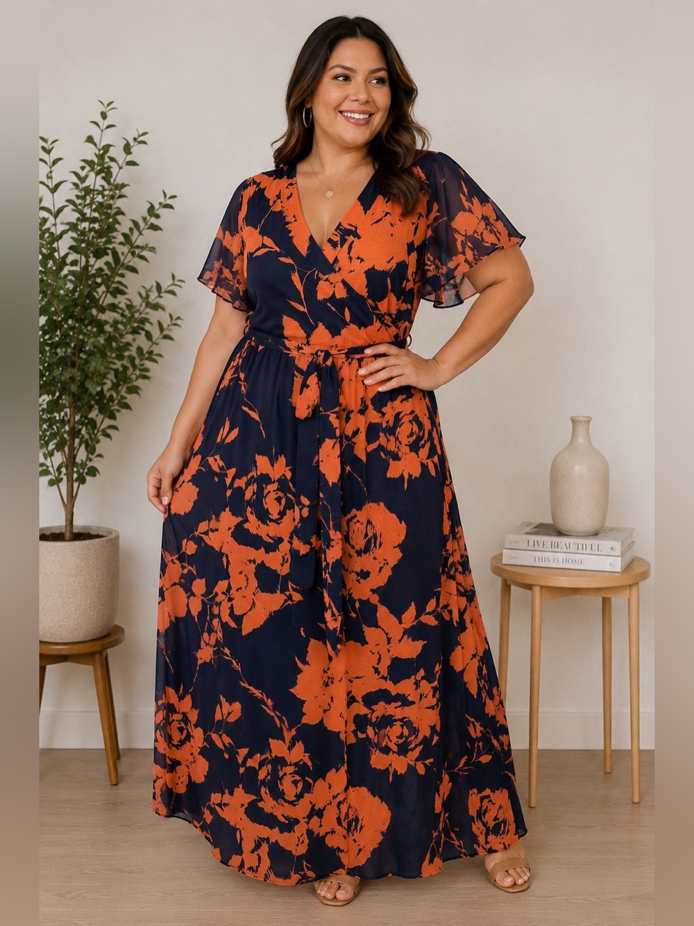 Emerald Floral Wrap Maxi Dress Size 2X Navy Orange